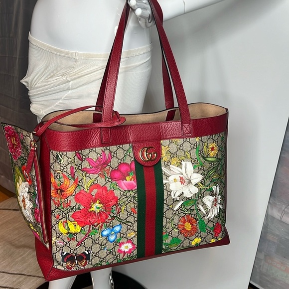 GG Supreme Monogram Flora Web Large Ophidia Red Leather Tote w/Pouch and Divider - Picture 1 of 16